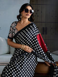 Black Printed Ajarakh Satin Crepe Saree With Blouse Piece