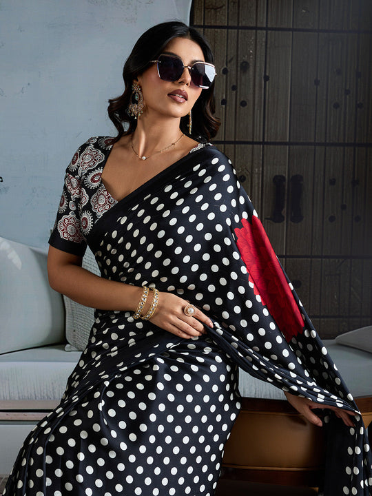 Black Printed Ajarakh Satin Crepe Saree With Blouse Piece
