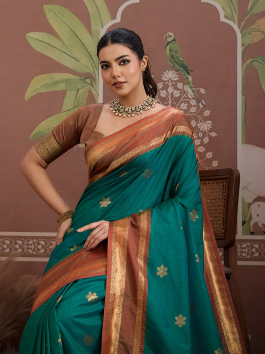 Sea-Green Tussar Silk Handloom Weaving Saree With Blouse Piece