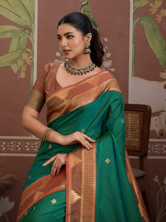 Green Tussar Silk Handloom Weaving Saree With Blouse Piece