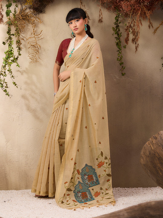 Cream Munga Cotton Handloom Weaving Saree With Blouse Piece