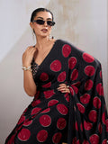 Maroon Printed Ajarakh Satin Crepe Saree With Blouse Piece