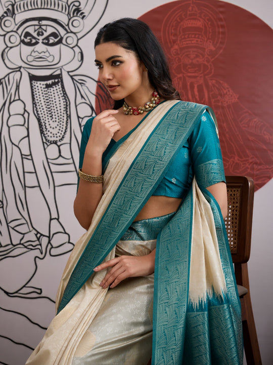 Rama Handloom Weaving Paper Silk Saree With Blouse Piece