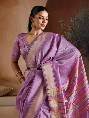 Purple Handwoven Bhagalpuri Weaving With Multi Pallu & Blouse Saree With Blouse Piece