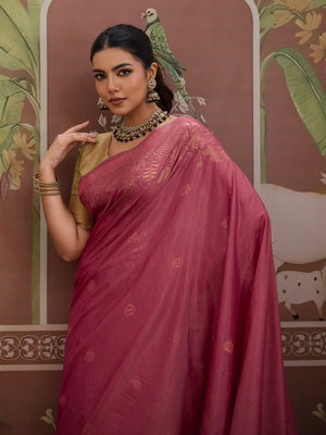 Pink Tussar Silk Handloom Weaving Saree With Blouse Piece