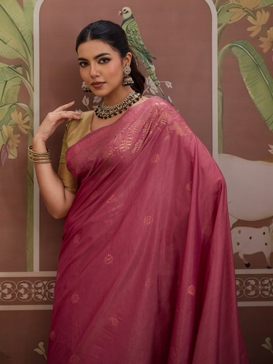 Pink Tussar Silk Handloom Weaving Saree With Blouse Piece