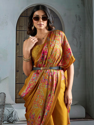 Yellow Printed Ajarakh Satin Crepe Saree With Blouse Piece