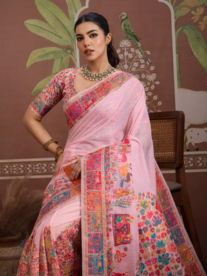 Pink Modal Cotton Pashmina Weaving Saree With Blouse Piece