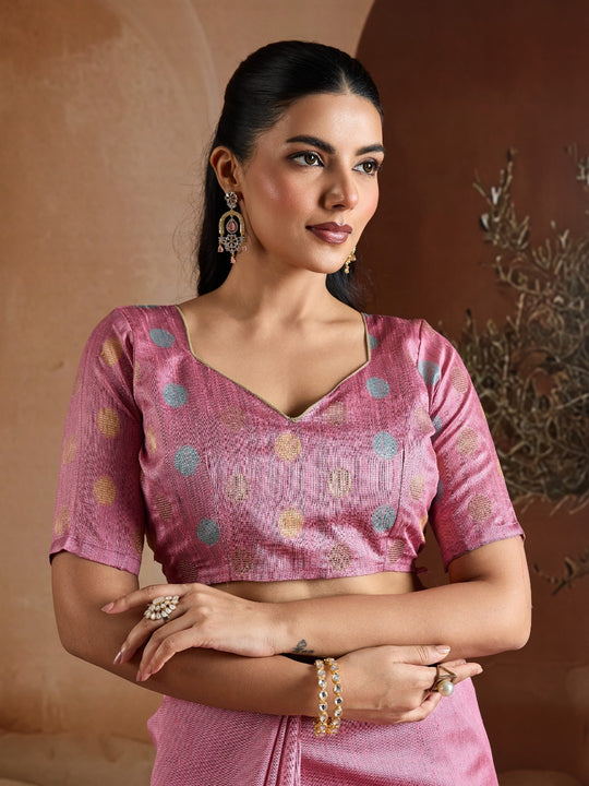 Pink Handwoven Bhagalpuri Weaving With Multi Pallu & Blouse Saree With Blouse Piece