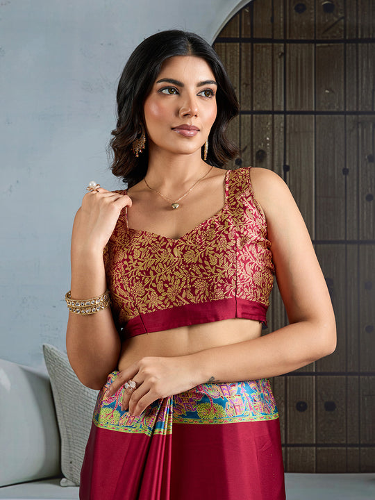 Red Printed Ajarakh Satin Crepe Saree With Blouse Piece
