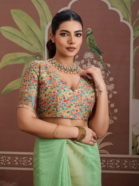 Green Modal Cotton Pashmina Weaving Saree With Blouse Piece