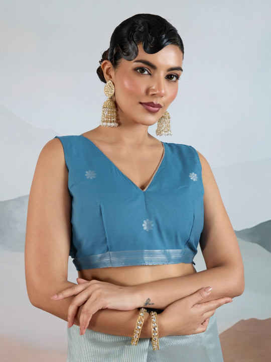 Blue Handloom Zari Tissue - Brasso Weaving Saree With Blouse Piece