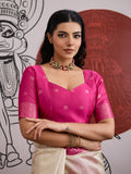 Pink Handloom Weaving Paper Silk Saree With Blouse Piece