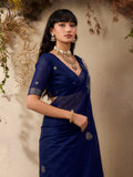 Blue Pure Munga Silk Handloom Weaving Saree With Blouse Piece