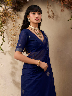 Blue Pure Munga Silk Handloom Weaving Saree With Blouse Piece