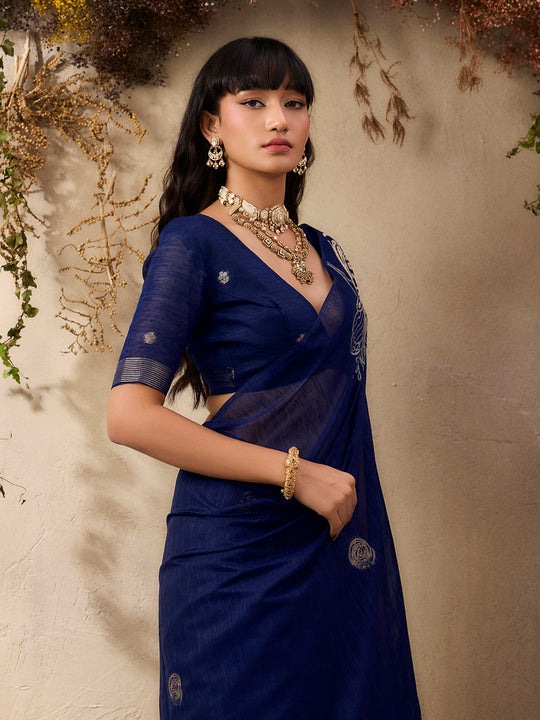 Blue Pure Munga Silk Handloom Weaving Saree With Blouse Piece