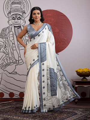 White Printed Ajarakh Satin Crepe Saree With Blouse Piece