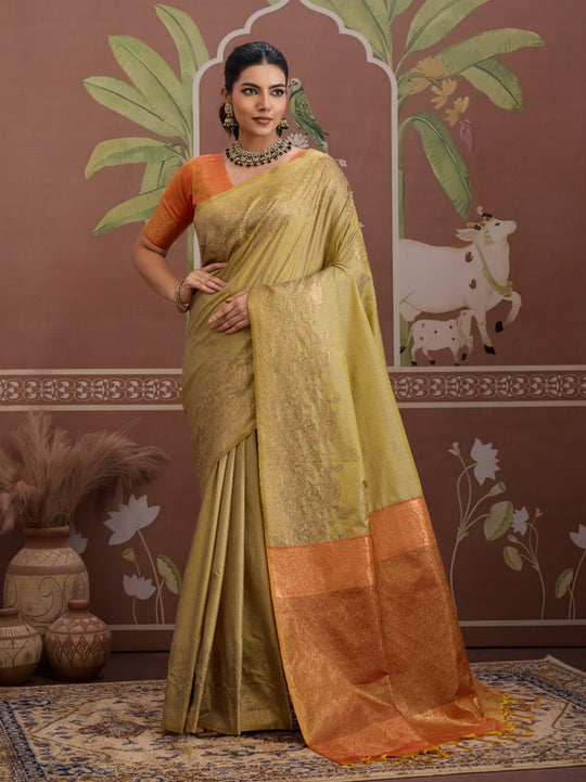 Tusser-Grey Tussar Silk Handloom Weaving Saree With Blouse Piece