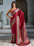 Red Printed Ajarakh Satin Crepe Saree With Blouse Piece