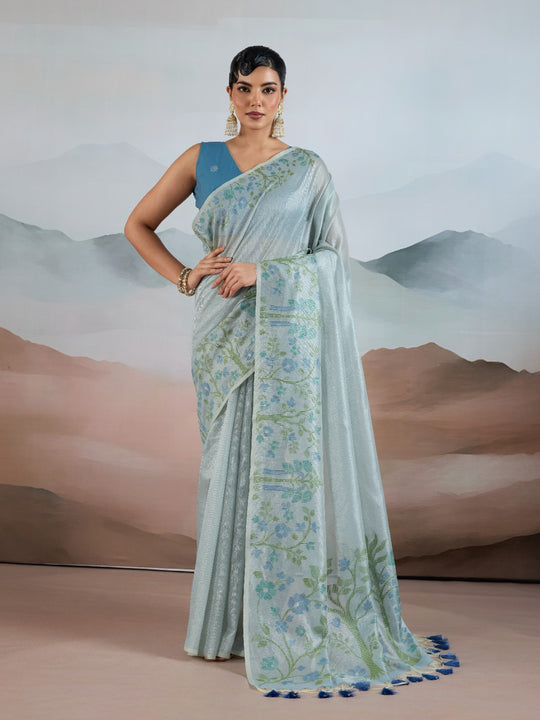Blue Handloom Zari Tissue - Brasso Weaving Saree With Blouse Piece