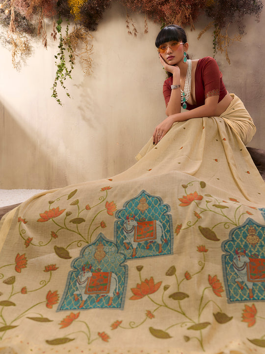 Cream Munga Cotton Handloom Weaving Saree With Blouse Piece