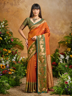 Orange Pure Silk Handloom Weaving Saree With Blouse Piece