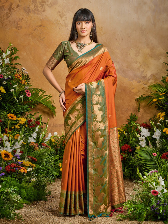 Orange Pure Silk Handloom Weaving Saree With Blouse Piece