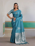 Blue Pure Satin Handloom Weaving Saree With Blouse Piece