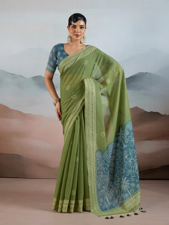 Green Pure Viscose Cotton Handloom Weaving Saree With Blouse Piece