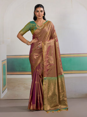 Brown Pure Silk Handloom Weaving Saree With Blouse Piece