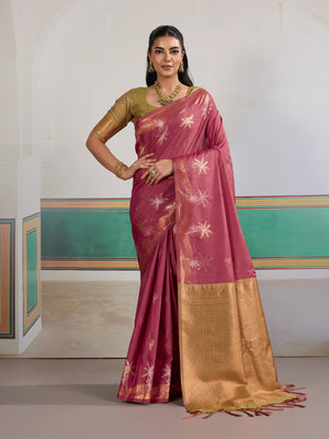 Pink Tussar Silk Handloom Weaving Saree With Blouse Piece