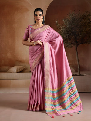 Pink Handwoven Bhagalpuri Weaving With Multi Pallu & Blouse Saree With Blouse Piece