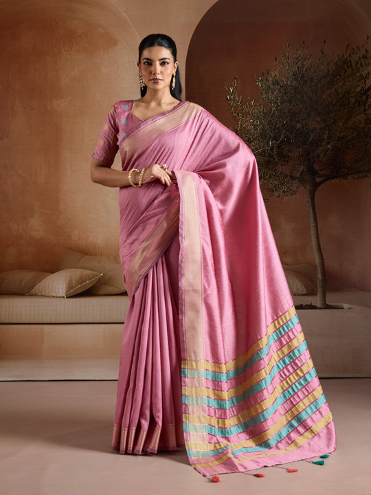 Pink Handwoven Bhagalpuri Weaving With Multi Pallu & Blouse Saree With Blouse Piece