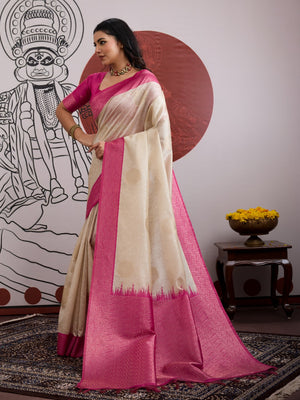 Pink Handloom Weaving Paper Silk Saree With Blouse Piece