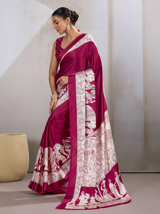 Maroon Printed Ajarakh Satin Crepe Saree With Blouse Piece