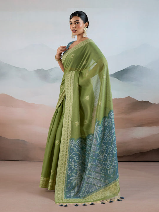 Green Pure Viscose Cotton Handloom Weaving Saree With Blouse Piece