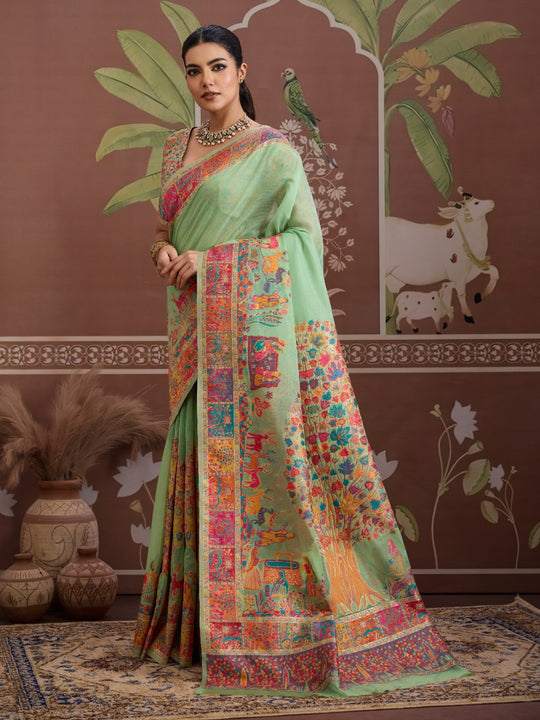 Green Modal Cotton Pashmina Weaving Saree With Blouse Piece