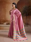 Pink Handwoven Bhagalpuri Weaving With Multi Pallu & Blouse Saree With Blouse Piece