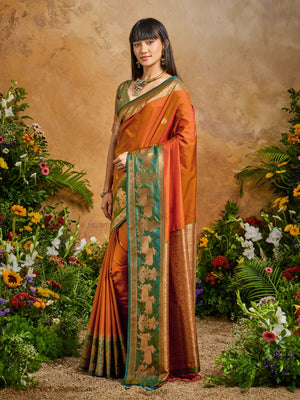 Orange Pure Silk Handloom Weaving Saree With Blouse Piece