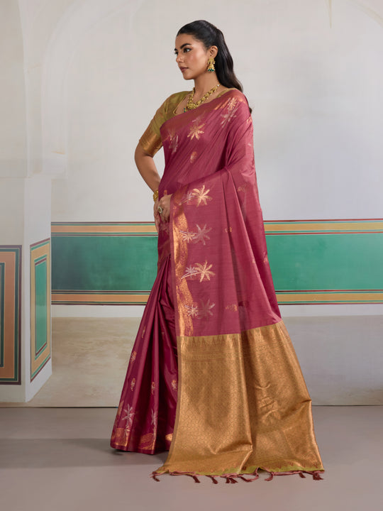 Pink Tussar Silk Handloom Weaving Saree With Blouse Piece