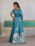 Blue Pure Satin Handloom Weaving Saree With Blouse Piece