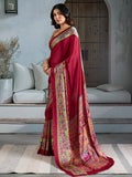 Red Printed Ajarakh Satin Crepe Saree With Blouse Piece