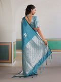 Blue Pure Satin Handloom Weaving Saree With Blouse Piece