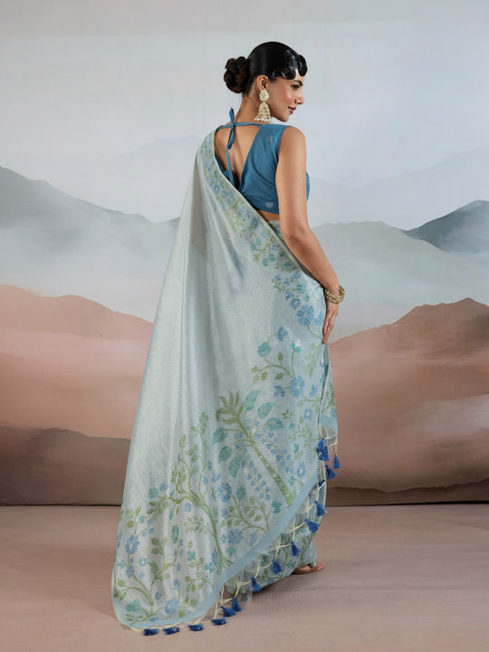 Blue Handloom Zari Tissue - Brasso Weaving Saree With Blouse Piece