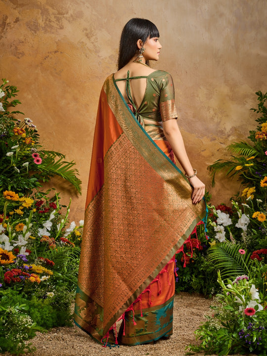 Orange Pure Silk Handloom Weaving Saree With Blouse Piece