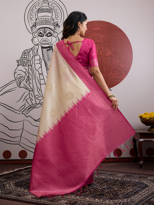 Pink Handloom Weaving Paper Silk Saree With Blouse Piece