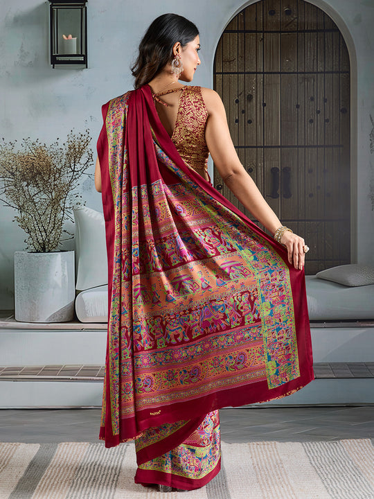 Red Printed Ajarakh Satin Crepe Saree With Blouse Piece