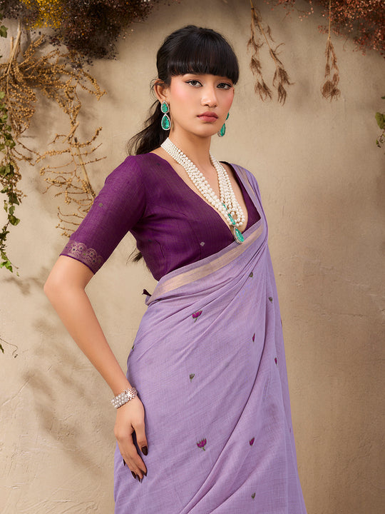 Purple Munga Cotton Handloom Weaving Saree With Blouse Piece