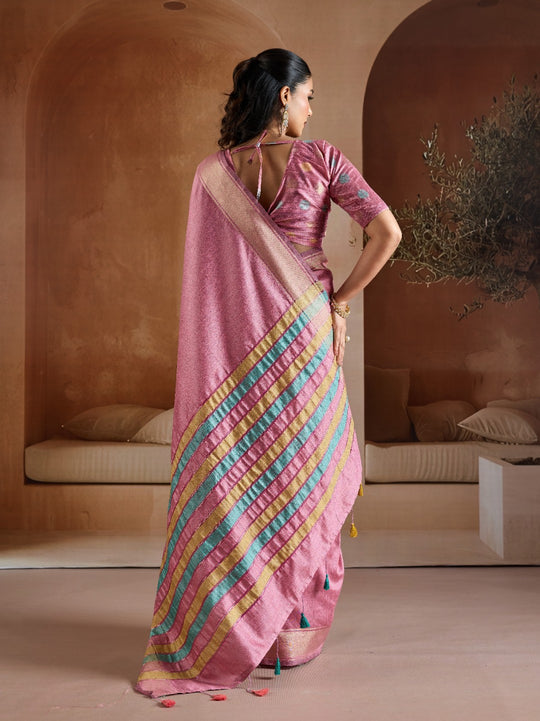 Pink Handwoven Bhagalpuri Weaving With Multi Pallu & Blouse Saree With Blouse Piece