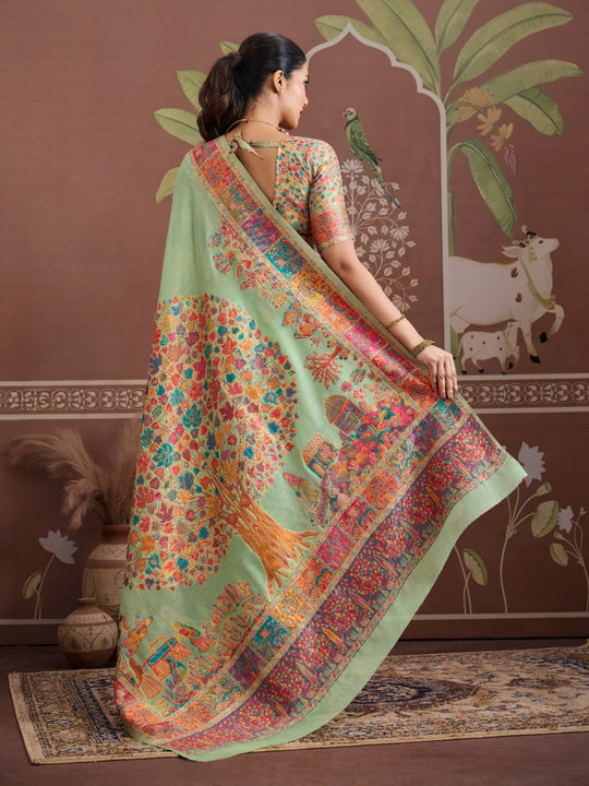 Green Modal Cotton Pashmina Weaving Saree With Blouse Piece